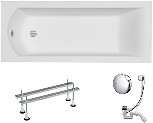 VBChome Acryl Badewanne 140x70 cm Weiß Rechteck Wanne Siphon Wannenfüße Design Modern Ablaufgarnitur in Chrom