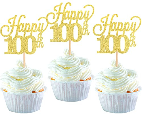 24 Stück 100 Cupcake Toppers GlitterHappy 100th Birthday Kuchen Topper Nummer 100 Achtzehn Sweet 100 Geburtstag Hochzeitstag Party Kuchen Dekorationen Zubehör Gold