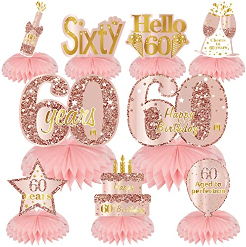 Turypaty Centrotavola a nido d'ape per il 60° compleanno in oro rosa rosa, 9 pezzi in oro rosa Happy 60° compleanno centrotavola forniture per feste, decorazione da tavolo per sessant'anni