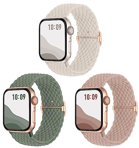 Joehwerr 3Pack Anti-Slip Braided Band Compatible for Apple Watch Straps Women 40mm 41mm 38mm 42mm 44mm 45mm 46mm 49mm, Adjustable Elastic Stretchy Strap for iWatch SE3 series 11 10 9 8 7 6 5 4