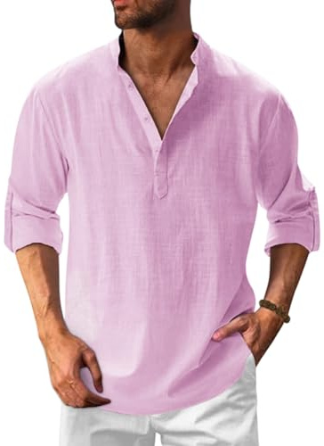 Onsoyours Hommes Chemises en Lin Solid Henley Shirts Casual Manches Longues été Mao Chemise de Plage Classique Décontractée Casual Regular Fit