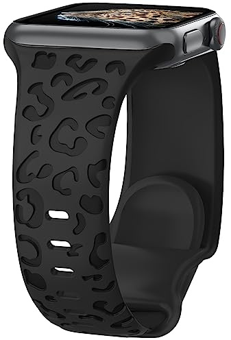 Silicone Leopard Print Straps Compatible with Apple Watch 44/45/46/49mm | Soft Breathable Straps for Women Men, Waterproof Replacement Bands for iWatch Series 11 10 9 8 7 6 5 4 3 2 SE Ultra, Black