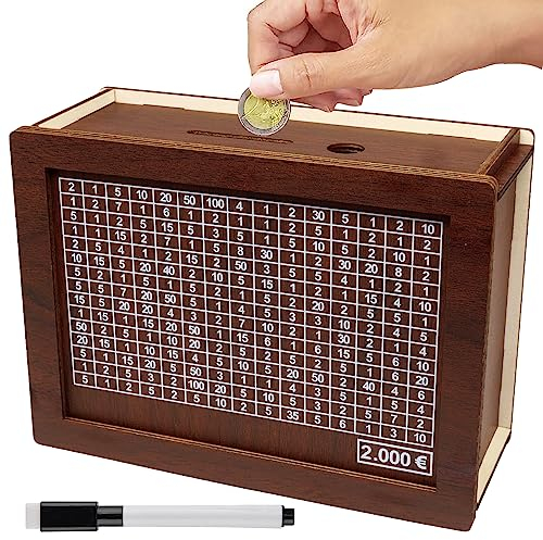 Sparbox Holz,Spardose Holz,Sparbox mit Zahlen Ankreuzen,Retro Sparbüchse mit Ziel und Stifte,Wiederverwendbare Spar Box,Hilft Kindern und Erwachsenen die Gewohnheit zum Sparen zu Entwickeln (2000€)