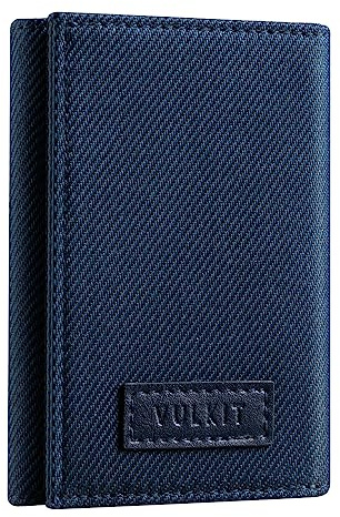 VULKIT Portafoglio Uomo Piccolo Porta Carte di Credito Schermato RFID Trifold Portafoglio Slim per Banconote con Porta Monete Cerniera, Blu