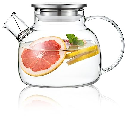 CnGlass Glas Teekanne 900ml/30,4oz mit Sieb Herdplattensicher, Klare Glasteekanne mit Edelstahldeckel, Teebereiter für lose Blätter und blühenden Tee