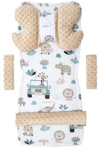 Medi Partners Riduttore Passeggino Universale Materassino Copri Neonato Cuscino - 5 elementi 78x35cm Copripasseggino Estivo per Neonati Cotone Minky (Zoo di menta con Minky beige)