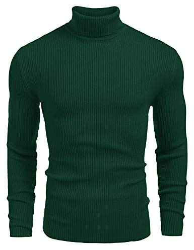 COOFANDY Men's Jumpers Turtle Neck Cable Knitted Jumpers Slim Fit Pollover Sweater Dark Green