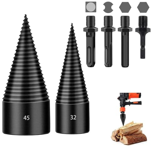 Holzspalter Bohrer Kegelspalter 45mm+32mm mit 4pcs Bohrgriffe, Bohrkegel Holzkegel Spalter Spaltkeil für Schlagschrauber Brennholzspalter, Holz Stufenbohrer Holzschneider Brennholzstahl Kegelbohrer