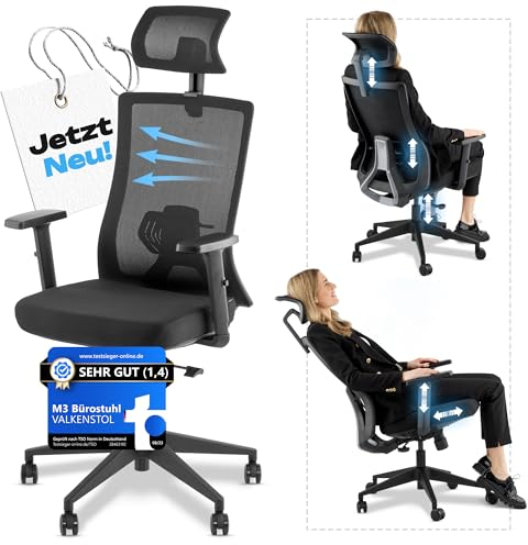VALKENSTOL M3 Komfort Bürostuhl Ergonomisch Testsieger verstellbare Armlehnen | Schreibtischstuhl mit Lendenwirbelstütze Rückenschonend | Office Chair Verstellbare Sitztiefe Gesundes Sitzen PC Stuhl