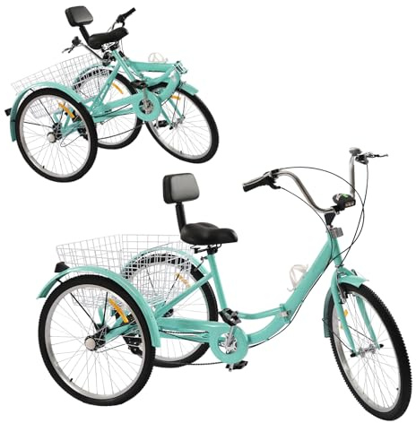 Salmeee 24 Zoll Dreirad für Erwachsene, 3 Räder 7 Gang Faltable Dreirad mit Rückenlehne und Shopping Korb, City Tricycle für ältere Menschen Entwickelt (Türkis)