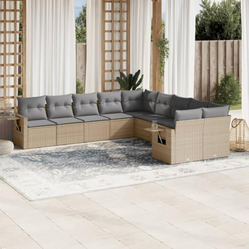 Rantry 10-TLG. Gartensofa Set mit Kissen Gartenlounge Loungesofa Gartenmöbel Balkonmöbel Ecklounge Ecksofa Sitzgruppe Loungemöbel für Garten Terrasse und Balkon Beige Poly Rattan