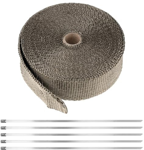 KEILEOHO Bande thermique echappement, 15 m x 50mm, pare chaleur echappement, En fibre de basalte, Avec 10 serre,câbles en acier inoxydable, Pour collecteur