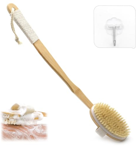 Aoyswuz Rückenbürste mit Haken 48 cm (+-) Körperbürste Abnehmbarer langer Griff Bambus Massagebürste für Peeling Massage Verbessern die Durchblutung Cellulite