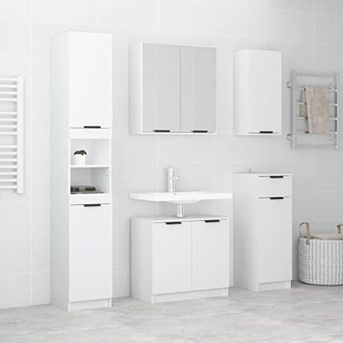 Willood 5-TLG. Badmöbel-Set Unterschrank Hängeschrank Wandschrank Badschrank Badezimmerschrank Spiegelschrank Badezimmermöbel Weiß Holzwerkstoff