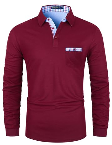 KUNJLELP Polo à Manches Longues pour Homme Chemise en Coton à Carreaux Rugby T-Shirt de Sport Regular Fit M-3XL,Rouge 37,L