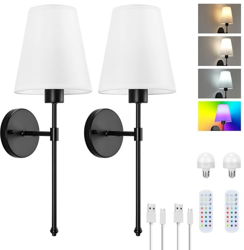 Lightess 2 Rechargeable Wall Lights Dimmable with Remote Control RGB | Wireless wall lights with 12 RGB Colors, Battery operated wall lights 5200mAh LED for Living Room Bedroom Staircase Decor