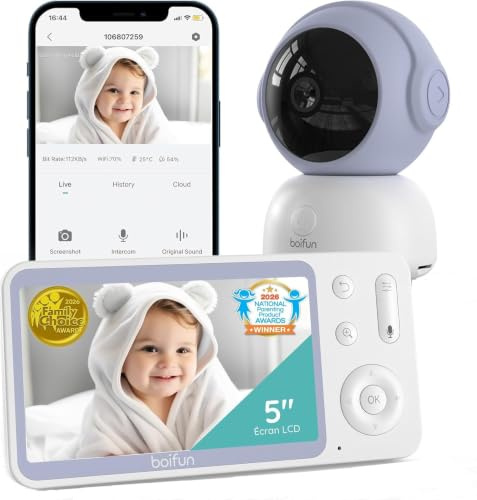 BOIFUN Smart Babyphone Camera 5 2K, Connecté Via WiFi ou Mode Local, Vision Nocturne sans Lumière Visible, Détection & Alerte Pleurs/Mouvements/Température/Humidité, Suivi Auto 360°, Autonomie 17h