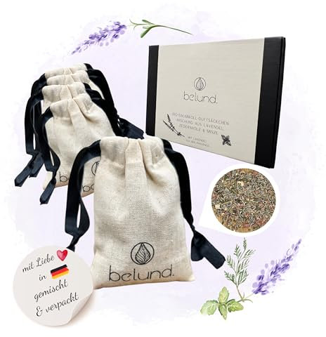 belund® Lavendelsäckchen aus Bio-Baumwolle – Natürlicher Mottenschutz mit Lavendel, Zedernholz & Minze – Große, Wiederverwendbare Duftbeutel für Kleiderschrank, Auto & Zuhause – Schrankduft – 5er Set