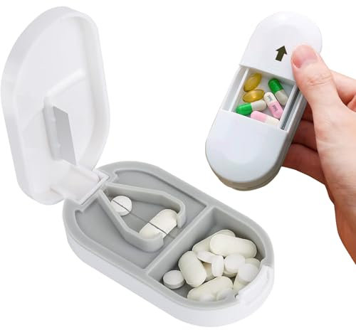 2-IN-1 Pillensplitter für kleine Tabletten mit Spender - Tragbarer Pillenschneider für kleine oder große Pillen mit Edelstahlklinge - Schneidet Pillen, Vitamine, Tabletten (Weiß)