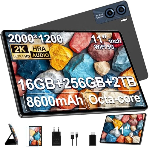 GOODTEL 2025 Android Octa Core da 11 pollici con 16 GB di RAM + 256 di GB ROM (1TB TF) |5G + 2,4G WiFi|8600 mAh|13MP + 5MP, Display 2K 2000 * 1200, BT 5.0,GPS con copertura protettiva - Grigio