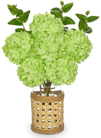 Oairse Flores artificiales hortensias artificiales con 6 hortensias en jarrón de cristal, flores artificiales de hortensias artificiales como hortensias reales para bodas, hogar, hotel, fiesta