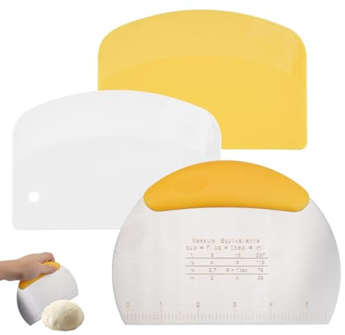 3 Pezzi Spatola Taglia Impasto,16.2×11.5cm Tarocco per Impasti in Acciaio Inossidabile,Tarocco per Impasti con Scala di Misurazione,Raschietto per Pasta,per Tagliare Impasti,Pane,Pizza e Dolci(Giallo)