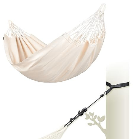 LA SIESTA® Modesta Bio-Baumwoll Hängematte & Baum- & Pfosten-Befestigung, Gurten für Baumen Balken Pfosten - Hängematte Stoff, Indoor Outdoor Hängematte für Garten Balkon - Einzel Hängematten, Latte