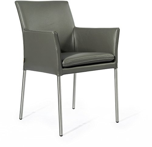 SIX Echtleder Esszimmerstuhl – Ricco Grau mit Armlehne und Edelstahlrahmen – Design ideal für Esszimmer, Küche & Wohnzimmer – Fertig montiert, bis 150 kg – Gastronomie-Qualität