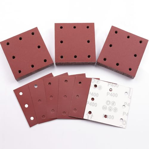 Sruhrak 50 Piezas 110x115mm Lijas para Lijadora, 400 Grano Rectangulares Papel de Lija 8 Agujeros Hojas de Lija para Rectangulares Lijadoras y Lijadora Orbital
