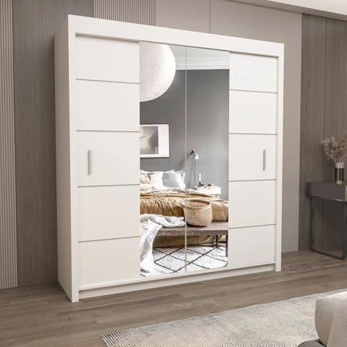 IE INTERIOR EMPORIUM Oslo Mirror Sliding Door Wardrobe – 150cm, 180cm, 203cm, 250cm – Includes 1 LED (White, 150cm)