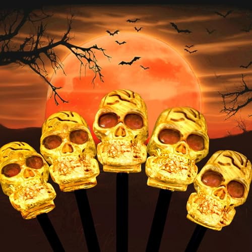 JOLCEEY Halloween Skull Garden Stakes, 5pcs Skeleton Lights Yard Ground-Breaker Stakes for Halloween Outdoor Pathway Decorations