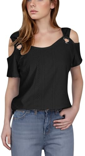 Blusas de hombro descubierto para mujer, blusas bordadas con ojales para verano, casual, con aberturas, estilo túnica, moderna, cuello redondo, recortadas, camisas largas para clima cálido