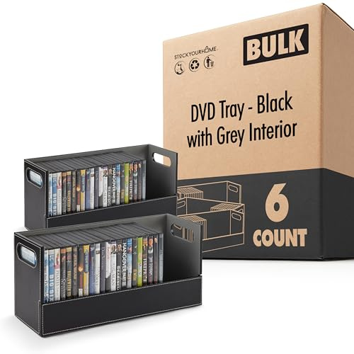 Stock Your Home DVD Storage Box, Movie Shelf Organizer for Blu-Ray, Video Game Cases, CDs, VHS Tape Display Stand, Disc Holder Can Store Up to 28 DVDs, Faux Leather (Black) 6 Pack