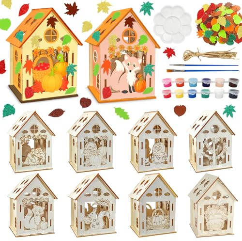 Tccydm 8 Stück Herbst Bastelset Kinder, Herbsthaus Basteln mit Kindern, DIY Holzhaus Bemalen & Basteln, Kreativset Herbst mit Herbstmotiven, Holz Bastelset für Mädchen & Jungen, Herbst Deko Geschenk