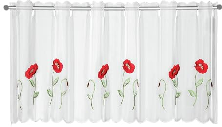 Gardinia Sehlbach Bistrogardine Voile Stickerei Mohnblume, Weiß, 155 x 45 cm Bistrogardine, Elegante Stickerei, Lichtdurchlässig, Einfache Befestigung, Öko-Tex Zertifiziert