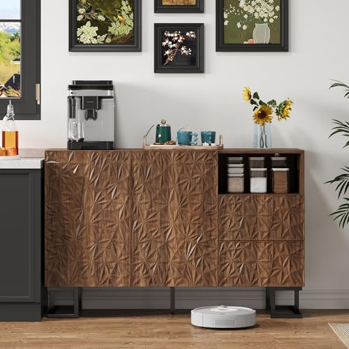 FAYICIC Mueble auxiliar de 120 × 40 × 78,5 cm – Serie de poesía de hojas – grano de nogal oscuro con relieve de hojas – patas de metal, 2 puertas y 2 cajones – Apto para comedor