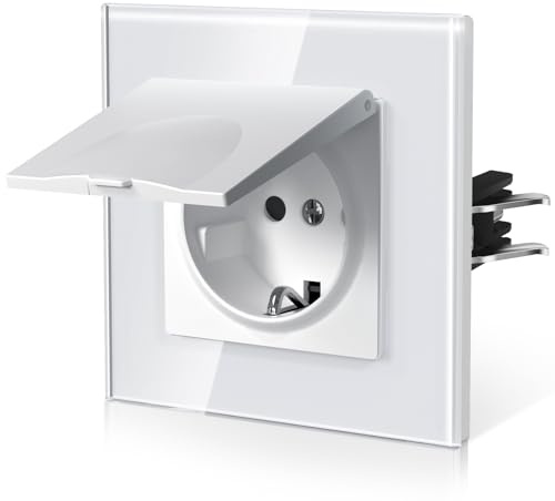 BSEED Enchufe Pared con Tapa,Cristal Enchufes Exterior,Empotrable Estándar,Instalación Con Garfio,Seguridad infantil,E-Serie,1 Enchufe con Tapa,86mm Blanco