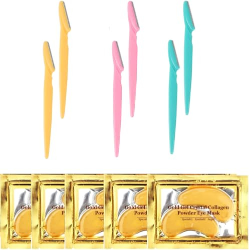6 PCS Eyebrow Razors Facial Hair Remover with Stainless Steel Blades & Protective Covers + 5 Pairs 24K Gold Under Eye Patches, Collagen Eye Masks for Dark Circles & Puffiness
