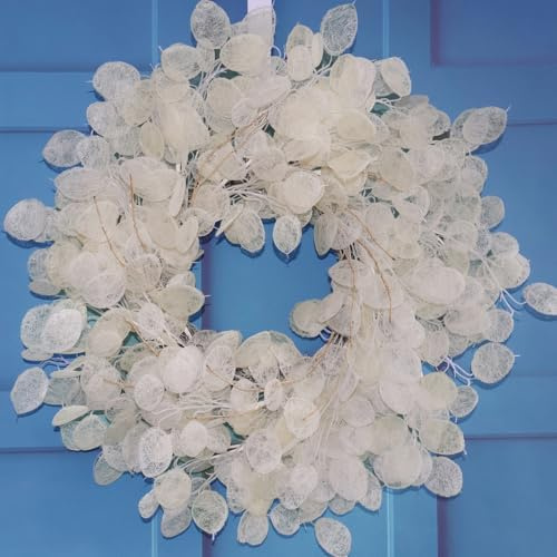 24 Beige Eucalyptus Wreaths for Front Door Spring Summer Fall Winter– Cream Fake Lunaria Annua Fall Winter Wreath for Farmhouse Porch, Silver Dollar Leaves Door Reef Decor Off-White
