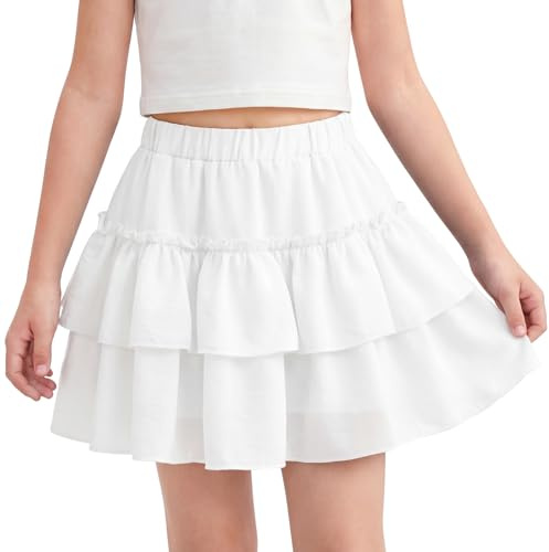 Valcatch Girls High Waisted Skort Ruffle Tiered Skirt, White, 9-10 Years