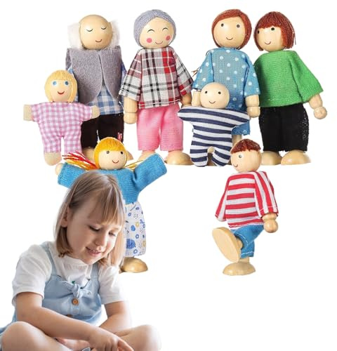 Lufaze Bambole casa delle bambole | Set di bambole in legno per casa delle bambole | 8 pezzi Famiglia figure in legno per bambini piccoli giochi di ruolo scuola scuola materna bambini - scuola materna