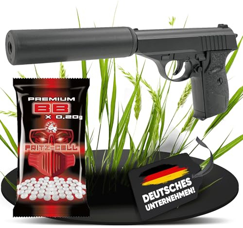 Set: Fritz-Cell Airsoft Pistole Federdruck Softair mit Schalldämpfer 0,5 Joule, inkl. 100 x 6 mm BB Soft-Air Kugeln schwere Ausführung (G3A)