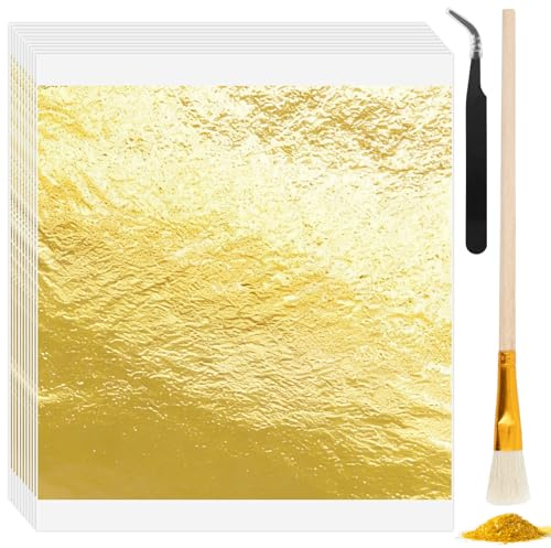 ZYNERY 200 Blatt Blattgold Imitation, 14x14cm Blattgold zum Basteln Goldfolie mit Pinzetten Bürsten Goldpapier zum Basteln für DIY Handwerk Dekoration Kunstprojekt