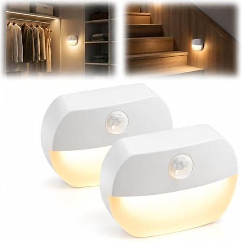 2Pcs Motion Sensor Lights, Battery Operated Dimming Light with Auto On/Off | Self Adhesive Stair Sensor Lights Lamp Indoor for Stair, Cabinet, Toilet, Hallway, Bathroom, Kitchen, Night Light for Cat Dog