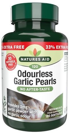 Natures Aid Odourless Garlic Pearls - Supports Heart Health and Circulation - Antioxidant - Non-GMO, Gluten-Free - One-a-Day Easy to Swallow, Tasteless Supplement - 120 Softgel Capsules
