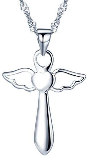 Colgante de plata de ley 925, de Yumilok, alas de ángel, cruz, varita mágica, cadena con colgante para mujer o chica