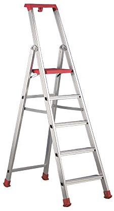 Svelt Scala Alluminio 5 gradini con Parapetto, Maniglione Porta Attrezzi, Ampia Piattaforma Zigrinata ed Evoluto Sistema di Ribordatura Automatica