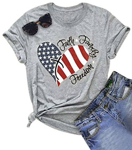 UNIQUEONE Women American Flag Print Tee Faith Family Freedom Short Sleeve Blouse T-Shirt Tops Size M Gray