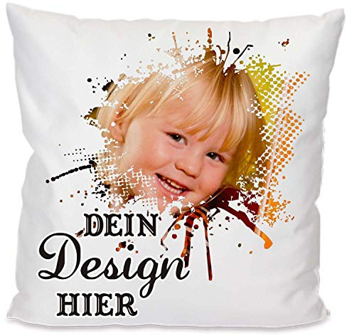 Druckreich Kissen selbst gestalten, Fotokissen mit Wunschtext, Logo, Motiv, Foto, personalisiert (Weiss, Mit Füllung)