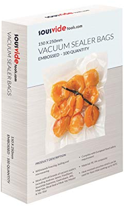 SousVideTools | Vacuum Sealer Bags | Pack of 100 | 15cm x 25cm | Embossed Food Storage | Sous Vide Cooking, Freezing & Microwaving | [SVT-06001]